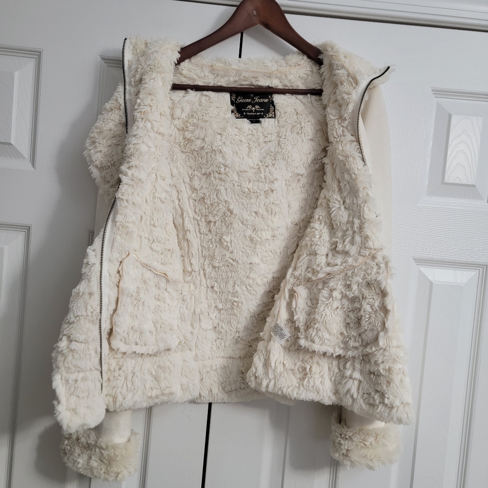 Guess Jeans Cream Sherpa Lined Hooded Jacket Women's Size Large - Picture 2 of 13